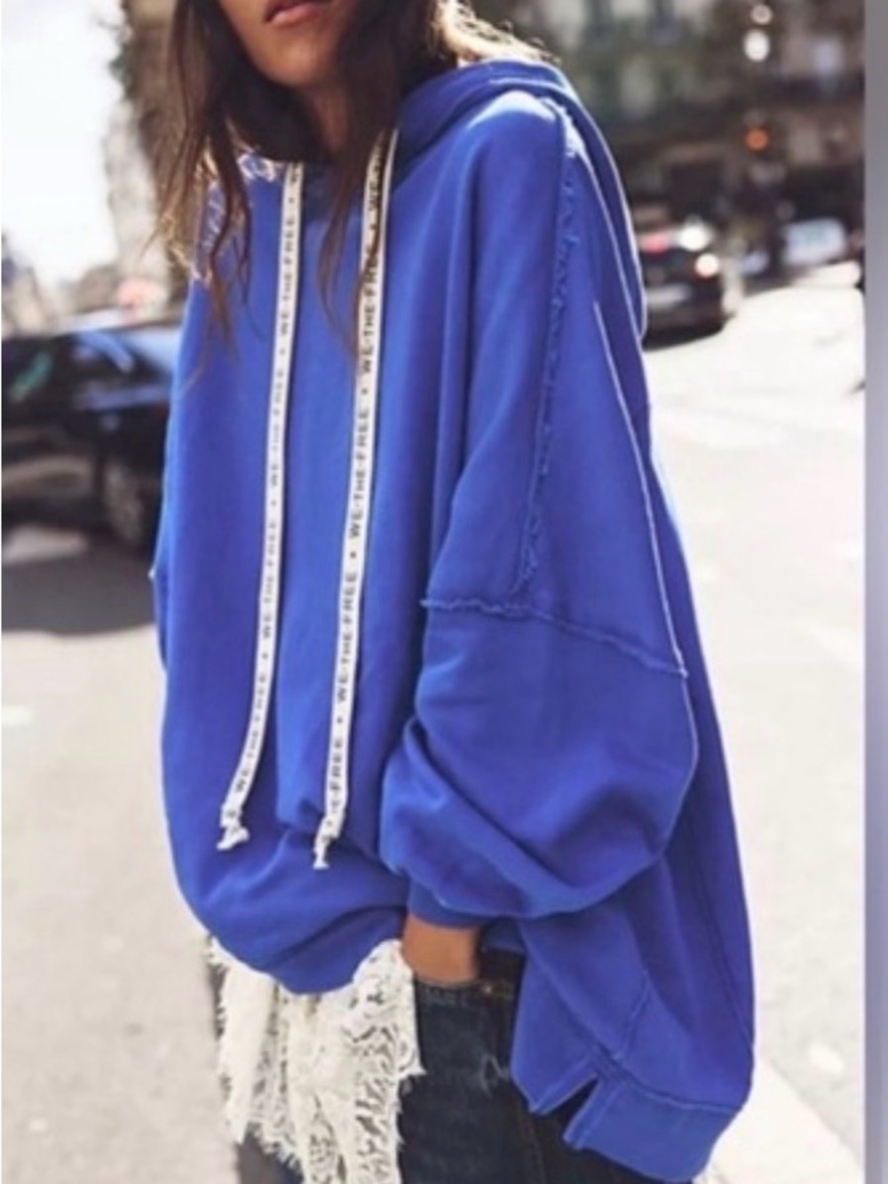 We The Free Royal Blue Oversized Hoodie with White Drawstrings